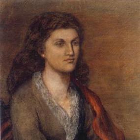 Three-quarter-length chalk drawing of Mathilde Blind by Lucy Madox Brown, 1872. Blind is seated, at a three quarter turn, her hands in her lap holding papers and her long, dark hair loose down her back. She is wearing a green dress with fur trim and an orange shawl.