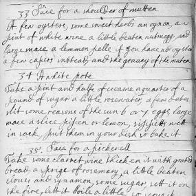 Page of a manuscript cookery book whose ownership inscription reads "Frances Boothby, Her Booke of Cookery, 1660 : Frances Brewster, her book." It is probable that this book was written or compiled by the very early playwright who bore these names.