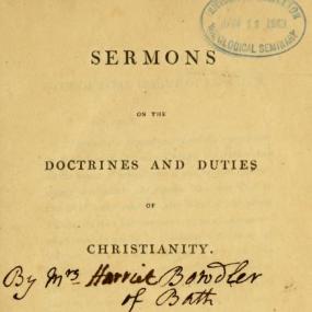 Title-page of Henrietta Maria Bowdler's anonymous "Sermons on the Doctrines and Duties of Christianity", fourth edition, 1803. A contemporary has added the author's name: "Mrs Harriet Bowdler of Bath." This  copy bears the ownership stamp of a theological seminary, and a librarian has repeated Bowdler's full name.
