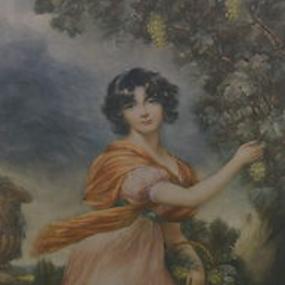 Three-quarter-length painting of Mary Ann Cavendish Bradshaw by Thomas Lawrence, 1806. She is depicted outdoors, in motion, wearing a pink gown and orange shawl, picking grapes with her face turned to the viewer and framed in unruly dark curls.