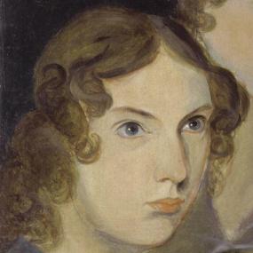 Detail from the long lost, now well-known, painting of Anne Brontë and her sisters  by their brother Branwell, c. 1834. She is shown from the shoulders up, at a three-quarter turn, wearing a blue dress. Her loose blonde curls fall around her face. The picture retains the crease marks from its years folded on top of a wardrobe. National Portrait Gallery