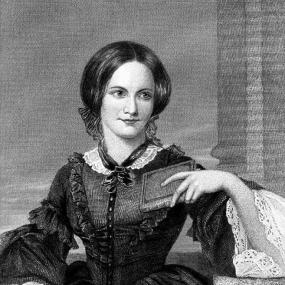 Etching of Charlotte Brontë after a portrait by George Richmond, 1850. She is seen from the waist up, seated, with one elbow resting on a table, that hand holding a small book and the other on her lap, holding a handkerchief. She wears a flat ribbon round her neck, and a dark dress, buttoned in front, with lace trim on the sleeves and bodice. Her dark, smooth hair is pulled back and tied with a dark ribbon.