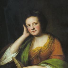 Photograph of the painting of Frances Brooke by Catherine Read, c. 1771. She is seated, with one elbow resting on a table and her head resting on that hand, while her other hand lies on an open book in her lap. She is wearing a dress in yellow and orange, and a green shawl draped around her shoulders.