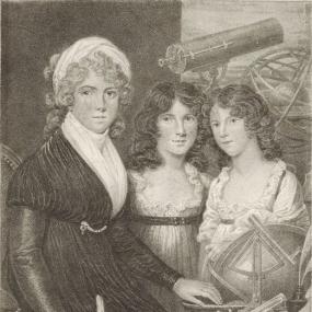 Stipple engraving of Margaret Bryan with her two daughters by William Nutter from a painting by Samuel Shelley, used as frontispiece to Bryan's first book, "A Compendious System of Astronomy", 1797. It shows Bryan with a telescope and celestial globe behind her, measuring instruments on a table, and her pen in hand, wearing a dark gown , white shift, and white turban. Her hair is long and curled.
