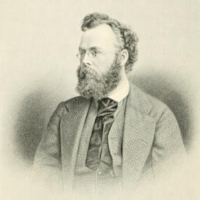 Engraving of Robert Williams Buchanan, looking to the right, with curly hair and beard, wearing round glasses and a suit with large cravat.