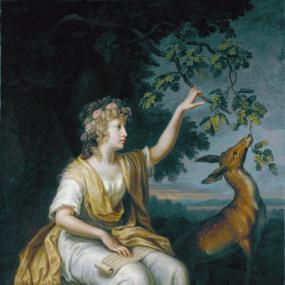 Painting of  Lady Charlotte Bury as a teenager by Johann Heinrich Wilhelm Tischbein, 1789. She is sitting under a tree, wearing a white, classical-style gown and yellow mantle, with a garland on her blonde curly hair. She is reaching up for a branch with her left hand, while a deer beside her, on its hind legs, reaches too. Her right hand rests on a scroll lying across her lap. Scottish National Portrait Gallery.