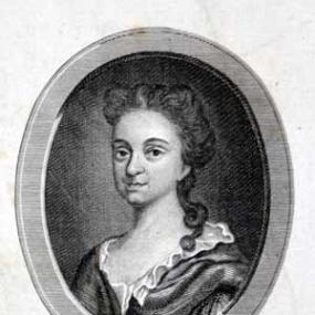 Oval line print of Elizabeth Bury by J. Burden, 1777 (more that fifty years after her death). Her hair is fashionably styled on top of her head with a couple of locks hanging down. She is wearing a dress with white at neckline and cuffs and her name, " Mrs. Elizabeth Bury", is written below.