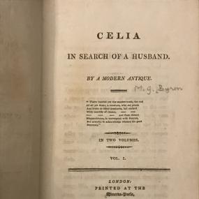 Title-page of vol.1 (of 2) of "Celia in Search of a Husband", 1809, by "A Modern Antique" (generally identified with "Medora Gordon Byron"): a response to Hannah More's "Coelebs in Search of a Wife".