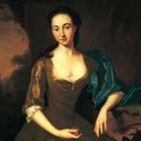 Painting of Margaret Calderwood, she is wearing a low cut brown dress and has a blue scarf over her left arm. The background is also a shade of brown, and her hair is black.