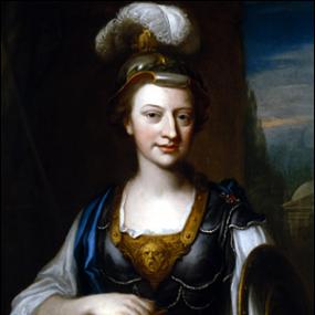 Portrait of Elizabeth Carter as Minerva, the Greek goddess of wisdom, by John Fayram in probably the late 1730s. She wears gilded metal armour over a white loose shirt and under a blue sash, and a helmet with feathery plume. She is holding in one hand a round shield, in the other a book bound in red, with gilt decoration, which (as Edward Cave revealed in writing her praise) is a copy of Plato. National Portrait Gallery.