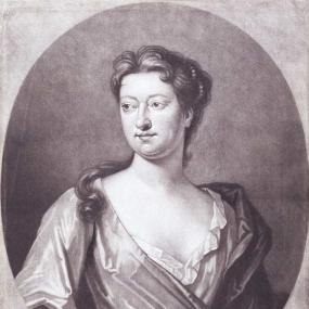 Oval mezzotint of Susanna Centlivre by Peter Pelham, after D. Fermin, 1720. She gazes out of the picture to her right, wearing her hair brushed back in soft curls, with a lock falling on her shoulder. Her gown has a deep neckline with some white linen visible. National Portrait Gallery.