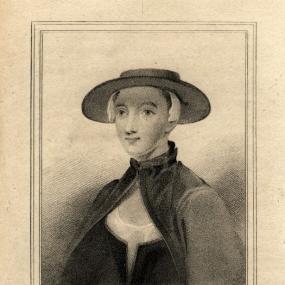 Stipple engraving of Hester Mulso Chapone y R. Page, published late 1812. She wears a hat with a flat top and large brim over a white cap, a dark bodice with white linen under it, and apparently a coat which is either sleeveless or darker in the body than sleeves. Her name is below: "Mrs Chapone".