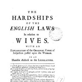 Title-page of Sarah Chapone's "The Hardships of the English Laws in Relation to Wives. With an Explanation of the Original Curse of Subjection . . . ", published anonymously in 1735. The extended title is followed by texts from the Old Testament, the publisher's colophon, and the price (one shilling).