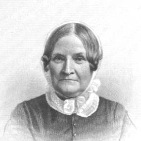 Head-and-shoulders engraving of Lydia Maria Child in her later age. She is wearing a buttoned dress with lacy collar and a cap. Her straight hair is parted in the middle and coiled over her ears.