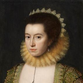 Portrait of Lady Anne Clifford by William Larkin. She faces forward, sumptuously dressed in a green, heavily embroidered jacket over a white, lace-edged bodice, a small ruff of starched lace, and drop pearl earrings. Her thick hair is brushed back and adorned with a coronet.  National Portrait Gallery.