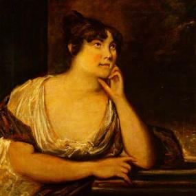 Oil painting of Elizabeth Cobbold, attributed to George Frost, c. 1815. She leans on her left elbow, chin on hand, gazing off to her upper left. Her other hand rests, apparently, on a stack of large, thin volumes. Her hair is mostly up, with curled locks on her forehead. She wears a loose, low-cut dress, with a red and black shawl.