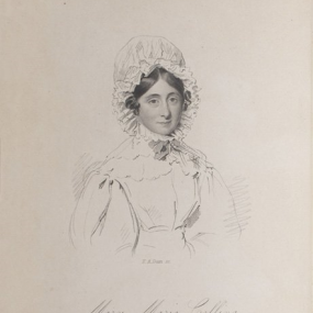 Stipple engraving of Mary Maria Colling by Thomas Anthony Dean after William Patten, published 1831. She is wearing a frilled cap that encloses her face, and a top with a high collar and long sleeves. Her dark, smooth hair is parted in the middle.