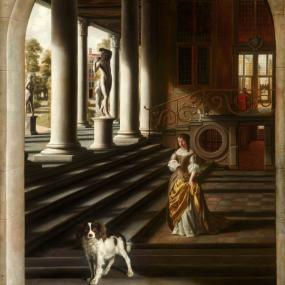 Painting thought to be of Anne Conway by Samuel van Hoogstraten, c. 1662-7. She stands reading a letter in the open loggia of a palace or mansion, with columns and statues indicating a garden beyond. She wears a golden gown. In the foreground is a spaniel, which if indeed Conway's was called Julietto. The Mauritshuis Art Museum in The Hague, Netherlands.