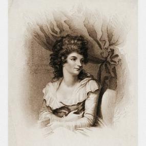 Print of the young Hannah Cowley. She sits on a chair in front of a heavy curtain pulled back. Her body is turned to her right, while she looks to the left in semi-profile. She holds a book on her lap, and wears a gown with short sleeves and low neckline, and long gloves. Her hair is styled in a mass of curls on her head and falling down her back.