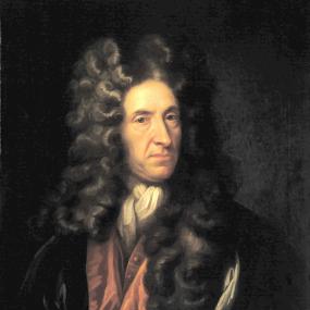 Head-and-shoulders portrait of Daniel Defoe by an unknown artist. He is in half-profile, wearing apparently high-quality clothes and a dark. unpowdered wig. National Maritime Museum, London.
