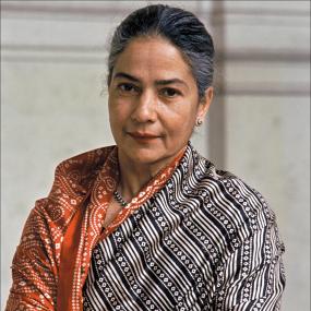 Colour photograph of Anita Desai, in France, wearing a patterned sari or wrap, 5 March 1991. 