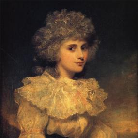 Photo of a portrait at Chatsworth of Elizabeth Cavendish, Duchess of Devonshire. painted by Sir Joshua Reynolds in 1787 (while she was Lady Elizabeth Foster, during her first marriage). She is shown from the waist up, at a slight three quarter turn. She is wearing a high-waisted lacy white dress with large, billowing collar and a dark green sash. Her is fashionably frizzed and lightly powdered to produce a dark grey colour.