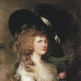Portrait of Georgiana Cavendish, Duchess of Devonshire, by Thomas Gainsborough, between 1785 and 1787. She stands with her body facing to her left, her face tilted towards the viewer, and her arms crossed, with one hand holding a pink rose. She wears a white gown with a high, ruffled neckline and lace detail around the cuffs, and a large, black, broad-brimmed hat. Her hair is pulled away from her face to flow down her back. Chatsworth.