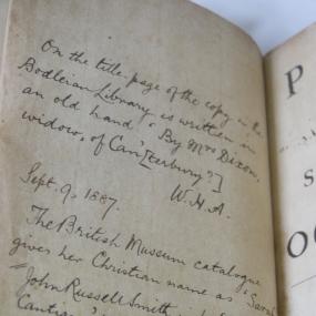 Flyleaf of Sarah Dixon's "Poems on Several Occasions", 1740, recording the efforts of nineteenth-century scholars to identify her.