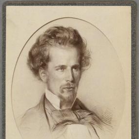 Sydney Thompson Dobell, with tall wispy hair, wearing a suit with a large bowtie.