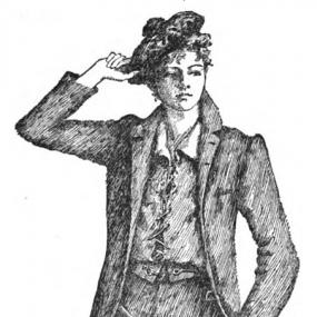 Sketch of Ménie Muriel Dowie, by M. Fletcher, 1891. She stands in a jaunty pose, head tilted, left hand on hip, and right hand holding her tam-o'-shanter-style cap. Her "Karpathian Costume" (as the caption below has it) also includes breeches, an open jacket over a laced waistcoat over a shirt, and gaiters stretching from her thighs to cover part of her shoes.