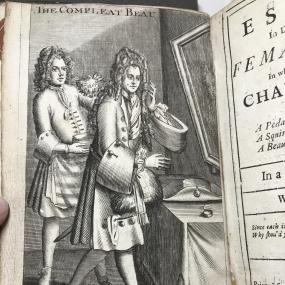 Frontispiece of Judith Drake's anonymous "An Essay in Defence of the Female Sex", 1696, reflecting the text's satirical attitude towards different types of men.