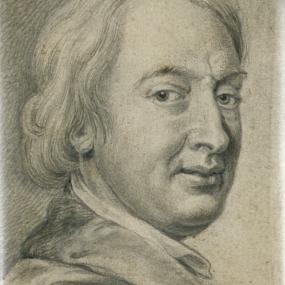 John Dryden, drawn by Jonathan Richardson after a portrait by Sir Godfrey Kneller of 1697. His body (to the shoulders) is seen in profile, head turned towards the viewer.