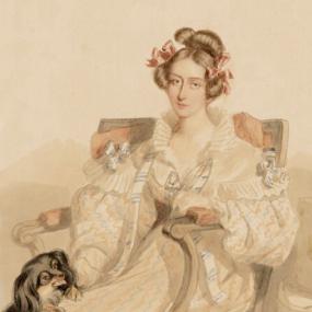 Watercolour portrait of Emily Eden by Simon Jacques Rochard, August 1835. She sits in a chair with her left hand its arm, and her right hand reaching down to a small spaniel-type dog has its paws on her knee. She wears a billowy gown patterned with blue and pink stripes and decorated with bows and ruffles at collar and shoulders. She wears her hair up in a high bun with pink ribbons at each side of her head.