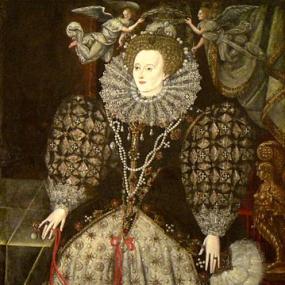 Full-length portrait of Queen Elizabeth I, by the school of Nicholas Hilliard, 1590. Behind her two hovering angels prepare to crown her. She wears formal and elaborate clothes: tight blonde curls, a ruff, a stiff bodice, petticoat and over-skirt in intricate brocade patterns, deep lace cuffs, strings of pearls and several rings. A lengthy Latin inscription calls her an invincible virgin, mistress of all sciences, founder of Jesus College, Oxford, where the painting hangs.
