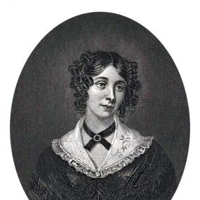 Oval, head-and-shoulders portrait of Sarah Stickney Ellis from her "The Wives of England", 1843. She is wearing a dark dress with a light, lace-trimmed collar. She has a dark ribbon round her neck, and dark, centre-parted hair in ringlets, on each side of her head.