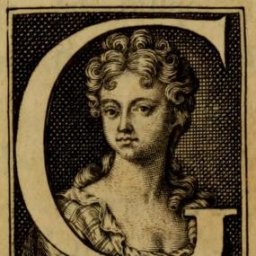 Line engraving with portrait of Elizabeth Elstob inside an initial letter G, by Simon Gribelin, from "An English-Saxon Homily on the Birth-day of St. Gregory", 1709, which she translated from Old English. She looks towards the viewer, slightly angled to her left with her head turned to her right. She wears a dress with a low neckline, and her hair is styled with curls framing her forehead and face, while the rest hangs behind her shoulders.