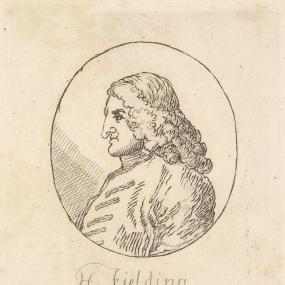 Henry Fielding in an etching after a drawing by William Hogarth, in left-facing profile wearing a wig and great-coat, with an oval frame and his name written beneath.