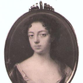 Low resolution scan of a miniature portrait of Anne Finch by Peter Cross, painted during the 1690s. She wears a blue dress with fairly low, lace-edged neckline. Her hair is in curls above her forehead while some locks drape her shoulder on the right.
