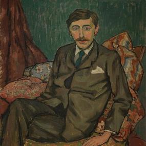Painting of E. M. Forster by Roger Fry, 1911. Forster looks straight at the viewer,  wearing a greenish suit with handkerchief in breast pocket, seated in a soft chair with patterned and floral cushions.