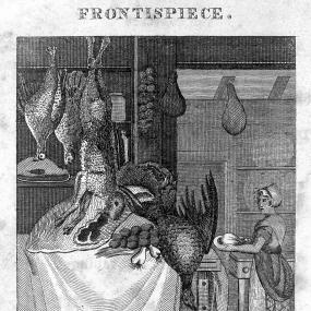 Frontispiece to a later edition of Hannah Glasse's most famous book "The Complete Art of Cookery", 1746. A kitchen is shown, with a large fish in the foreground, hanging game birds and animals (and hams and a string of onions) at the back, and a worker holding a platter in between.