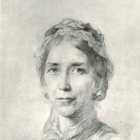 Photograph of a head-and-shoulders sketch of Charlotte Godley, 1877, reproduced in "Letters from Early New Zealand", 1950. She is wearing a high-collared shirt, a bow round her neck fastened with a brooch (perhaps a cameo), and simple round earrings . Her hair is brushed back under a light lace cap.