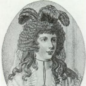 Oval print of Elizabeth Sarah Gooch, wearing a wig with ostrich feathers on top. Her own hair is visible below the wig, hanging in loose curls on her shoulders. She has a pendant hanging in her many-ruffled neckline.