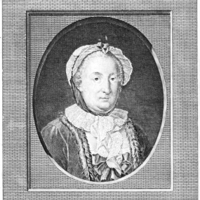 Oval head-and-shoulders engraving of Françoise de Graffigny by C.  E. Gaucher, from a portrait. Her hair is covered by a large cap; she has a lace collar and embroidery. The engraving (in which a chequered pattern surrounds the oval and her name stands below in capitals: "Françoise d'Happoncourt de Graffigny") was used in an 1802 edition of de Graffigny's most famous novel in English translation: "Letters of a Peruvian Princess".