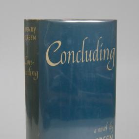 Henry Green's futuristic novel Concluding, Hogarth Press, 1948, in its dark blue cover.