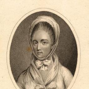 Stipple engraving in oval frame of Elizabeth Griffith by Mackenzie, after J. Thomas, published 1801. Her head-covering looks like a turban tied in a bow under her chin, with another bow at the stand-away collar of her jacket. Her name appears below as "Mrs Griffith". National Portrait Gallery.