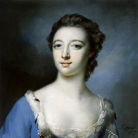 Reproduction of painted portrait of Elizabeth Gunning by Francis Cotes, 1751. The backgrorund is blue blurred into black and her clothing is
            painted impressionistically, except for some orante gold detailing lower on her dress.