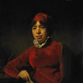 Portrait of Elizabeth Hamilton by Sir Henry Raeburn. The dark but vivid painting suits her olive skin and curly, dark (unpowdered) hair. She is wearing red velvet with a matching kerchief on her head, and holding some small object in her hands.
