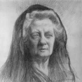 Photograph of a drawing of Jane Ellen Harrison. She is shown from the shoulders up, wearing a cloak covering her head, with a bit of light wavy hair showing around her face, and a serious expression on her face.