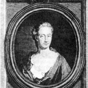 Black and white engraving of Eliza Haywood by George Vertue after a painting by James Parmentier. It has an oval frame tied with a ribbon at the top and set within a rectangular from. Haywood's hair is tied back, with a lock of it showing on her left shoulder.  She is wearing a dress with a deep decolletage and lace at the bosom. This engraving was used as frontispiece to vol. i of her "Secret Histories, Novels and Poems", of which the second (and perhaps only) edition appeared in 1725.