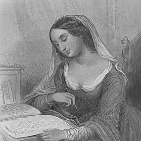 Photograph of illustration of Héloïse from "World Noted Women", New York, 1883. She is imagined in the dress of a lay person, not of a nun, seated at a large table covered in books, apparently writing in a particularly large one. She wears a fairly low-cut dress with flowing sleeves, and has a veil over her hair.